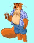  2023 anthro belly beverage_can big_belly blue_background blue_eyes blush body_hair bottomwear brown_body brown_fur brown_hair can canid canine claws clothed clothing container disney fangs fox fur gideon_grey grosspups hair hand_in_pocket hi_res holding_can holding_container holding_object male mammal navel nipples open_clothing open_shirt open_topwear orange_body orange_fur overweight pockets shirt shorts simple_background smile solo tan_body tan_fur teeth topwear zootopia 