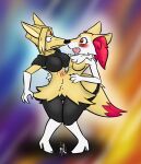  2021 after_transformation anthro blonde_hair blush braixen breasts conjoined cute_fangs female fur generation_1_pokemon generation_6_pokemon hair hi_res kadabra moldyloam multi_body nintendo open_mouth pigeon_toed pokemon pokemon_(species) red_eyes solo standing surprise tail white_high_heels yellow_body yellow_fur 