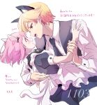  1boy 1girl animal_ears apron arm_grab black_necktie blonde_hair blush bob_cut cat_ears cat_tail collared_shirt commentary_request gradient_hair hand_on_another&#039;s_back highres long_sleeves maid_apron momomo_(m0_3) multicolored_hair necktie ootori_emu open_mouth orange_eyes pink_eyes pink_hair project_sekai shirt short_hair short_sleeves tail teeth tenma_tsukasa translation_request upper_body upper_teeth_only white_apron white_background white_shirt wolf_ears 