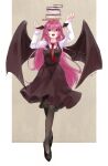  1girl balancing_on_head bat_wings black_dress black_pantyhose book book_stack brown_background dress highres koakuma koakuma_day long_hair looking_at_viewer necktie pantyhose red_eyes red_hair red_tie shee_take shirt solo touhou white_shirt wings 