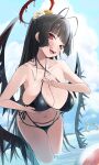  1girl 1other antenna_hair bare_shoulders bikini black_bikini black_hair black_nails black_wings blue_archive blue_sky blush breasts cleavage cloud collarbone cowboy_shot day flower hair_flower hair_ornament halo hanging_breasts highres large_breasts long_hair looking_at_viewer multiple_girls navel open_mouth outdoors ponytail red_eyes sky smile standing stomach string_bikini swimsuit thighs tsurugi_(blue_archive) tsurugi_(swimsuit)_(blue_archive) very_long_hair wading water wet wings yamabuki0 