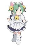  1girl animal_ears apron bell cat_ears cat_tail closed_mouth dejiko di_gi_charat dress enorari green_eyes hair_bell hair_intakes hair_ornament hand_on_own_hip hand_up highres jingle_bell light_green_hair maid_apron mittens neck_bell puffy_short_sleeves puffy_sleeves purple_dress short_hair short_sleeves simple_background solo standing tail two_side_up white_apron white_background white_mittens white_tail 