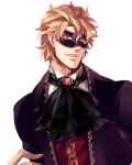  1boy alternate_costume ascot black_ascot blonde_hair brooch collared_shirt commentary_request dio_brando domino_mask jacket jewelry jojo_no_kimyou_na_bouken long_sleeves male_focus mask ninoyoru official_alternate_costume phantom_blood purple_jacket red_brooch red_eyes shirt short_hair simple_background smirk solo white_background white_shirt 