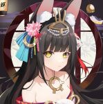  1girl animal_ear_fluff animal_ears azur_lane bare_shoulders black_hair blunt_bangs breasts chinese_commentary closed_mouth commentary crescent crescent_hair_ornament dot_nose flower fox_ears fox_girl fox_mask hair_flower hair_ornament highres japanese_clothes kimono long_hair looking_at_viewer mask mask_on_head nagato_(azur_lane) nagato_(guardian_fox&#039;s_shining_furisode)_(azur_lane) off_shoulder official_alternate_costume slqnsdl small_breasts solo upper_body yellow_eyes 