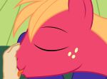  absurd_res badumsquish big_macintosh_(mlp) blonde_hair freckles friendship_is_magic hair hand_lick hasbro hi_res human humanoid_hands licking male mammal my_little_pony tongue tongue_out 