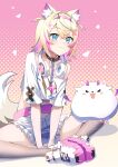  1girl :3 animal_ear_fluff animal_ears belt belt_collar black_collar blonde_hair blue_eyes blush breasts collar cropped_shirt dog_ears dog_girl dog_tail frilled_shorts frills hair_ornament headphones headphones_around_neck highres hololive hololive_english medium_hair mococo_abyssgard multicolored_hair outerrace_ik perroccino_(fuwamoco) pink_belt pink_hair shirt shoes short_shorts shorts single_fishnet_legwear small_breasts smile sneakers spiked_collar spikes streaked_hair tail virtual_youtuber white_footwear white_shirt white_shorts x_hair_ornament 