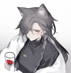  1girl akechi_(826988799) animal_ears arknights black_shirt braid closed_mouth coat cup drinking_glass from_above grey_hair hair_over_one_eye hair_slicked_back highres holding holding_cup jewelry long_hair mole_above_eye necklace official_alternate_costume penance_(arknights) shirt simple_background solo white_coat wine_glass wolf_ears wolf_girl yellow_eyes 