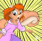  2006 anthro blue_eyes brown_body brown_fur chip_&#039;n_dale_rescue_rangers chris_fischer clothed clothing disney female fluffy fluffy_tail fur hair mammal motion_lines open_mouth orange_hair red_nose rodent sciurid solo tail tammy_squirrel teeth tree_squirrel 