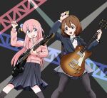  2girls black_background blue_eyes blue_jacket blue_skirt bocchi_the_rock! brown_eyes brown_hair crossover electric_guitar fieldpig gotou_hitori grey_skirt guitar hair_ornament highres hirasawa_yui holding holding_instrument holding_plectrum instrument jacket k-on! multiple_girls music nervous_smile pink_hair pink_jacket playing_instrument plectrum sakuragaoka_high_school_uniform school_uniform shirt skirt smile stage_lights track_jacket white_shirt 