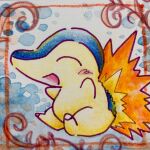  animal_focus blush claws closed_mouth cyndaquil fire happy highres no_humans open_mouth plant pokemon pokemon_(creature) ryuym_koue sitting traditional_media vines 