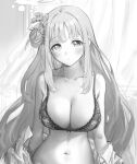  1girl alternate_costume blue_archive blush bra breasts cleavage closed_mouth clothes_down commentary flower greyscale hair_bun hair_flower hair_ornament halo highres large_breasts long_hair looking_at_viewer mika_(blue_archive) monochrome navel single_side_bun solo stomach tori_udon underwear upper_body very_long_hair 