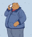  2023 absurd_res anthro bari_mu bear belly big_belly bottomwear brown_body cellphone clothing hi_res kemono male mammal overweight overweight_male pants phone simple_background smartphone solo sweater topwear 