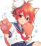  1boy animal_ears animal_hands blue_sailor_collar blue_shorts blush cat_boy cat_ears cat_tail chana_gon closed_mouth extra_ears gloves idolish7 male_focus nanase_riku paw_gloves red_eyes red_hair sailor_collar shirt shorts smile solo star_(symbol) tail tongue tongue_out white_background white_shirt 