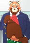  2023 ailurid anthro belly blush brown_body clothed clothing clothing_lift cute_fangs hi_res humanoid_hands kemono male mammal moobs navel nipples orange_body overweight overweight_male red_panda ryuta-h shirt shirt_lift solo topwear underwear 