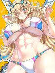  1girl abs absurdres aqua_eyes barghest_(fate) barghest_(swimsuit_archer)_(fate) bikini blonde_hair breasts ebora fate/grand_order fate_(series) highres huge_breasts long_hair looking_at_viewer multicolored_bikini multicolored_clothes muscular muscular_female navel o-ring o-ring_bikini shiny_skin skindentation smile solo standing swimsuit two-tone_eyes underboob very_long_hair white_bikini 