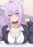  1girl :3 absurdres ahoge ai_(u_e_o_o) animal_ear_fluff animal_ears belt belt_collar black_belt black_choker black_collar black_jacket blurry blurry_background blush breast_rest breasts breasts_on_table cat_choker cat_ears cat_girl choker cleavage closed_mouth collar collarbone collared_shirt commentary_request fingernails hair_between_eyes hand_up head_tilt highres hololive jacket jersey large_breasts long_sleeves looking_at_viewer loose_neck_ribbon medium_hair nail_polish narrowed_eyes neck_ribbon nekomata_okayu nekomata_okayu_(4th_costume) open_clothes open_jacket pink_nails pocket purple_eyes purple_hair purple_ribbon ribbon shirt sleeves_past_wrists smile solo table virtual_youtuber white_shirt 