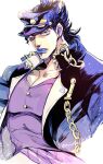  1boy black_hair blue_hair blue_lips chain gakuran hat hatoyama_itsuru high_collar jojo_no_kimyou_na_bouken kujo_jotaro long_coat male_focus purple_eyes school_uniform solo stardust_crusaders 