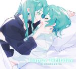  2girls aqua_hair bed_sheet blue_shirt character_name closed_eyes commentary_request green_eyes hand_on_another&#039;s_back hand_on_another&#039;s_face happy_birthday hikawa_hina hikawa_sayo imminent_kiss incest long_hair looking_at_another medium_hair milk_puppy multiple_girls open_mouth pillow shirt siblings smile twincest twins white_shirt yuri 
