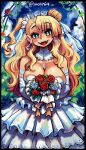  1girl :d aqua_eyes arms_under_breasts asymmetrical_hair black_border blonde_hair border bouquet breasts cleavage crescent crescent_earrings detached_collar dress earrings elbow_gloves flower frilled_dress frills galko gloves hair_bun hair_flower hair_ornament highres holding holding_bouquet jewelry large_breasts long_hair looking_at_viewer mogy64 necklace open_mouth oshiete!_galko-chan red_flower red_rose rose single_hair_bun smile solo strapless strapless_dress sun_earrings teeth twitter_username upper_teeth_only wedding_dress white_dress white_flower white_gloves 