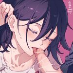  2boys adjusting_hair black_hair blush closed_eyes collarbone danganronpa_(series) danganronpa_v3:_killing_harmony fellatio hair_between_eyes jacket licking licking_penis male_focus male_pubic_hair multiple_boys no_scarf oma_kokichi oral penis pink_background pubic_hair saihara_shuichi saliva striped striped_jacket tongue tongue_out translation_request white_jacket yaoi 