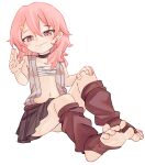  1girl benisumomo blush brown_eyes chaosexceed hair_between_eyes hand_on_own_knee highres kunoichi_tsubaki_no_mune_no_uchi long_hair ninja pink_hair pleated_skirt simple_background skirt sleeveless smile soles solo stirrup_footwear toeless_footwear toenails toes white_background 