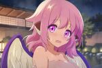  1girl animal_ears bird_ears bird_wings blush cato_(monocatienus) fang hair_between_eyes mystia_lorelei naked_towel night onsen open_mouth outdoors pink_eyes pink_hair portrait short_hair skin_fang solo touhou towel tree white_wings wings 