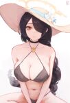  alternate_breast_size artist_name bikini black_choker black_hair blue_archive blush breasts choker cleavage closed_mouth commentary_request criss-cross_halter flower hair_over_one_eye halo halterneck hat highres hinata_(blue_archive) hinata_(swimsuit)_(blue_archive) large_breasts long_hair looking_at_viewer navel numb3r_3 red_eyes simple_background sitting sun_hat swimsuit upper_body very_long_hair white_background 