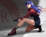 1girl absurdres bare_legs belt breasts end_of_evangelion full_body gun highres holding holding_gun holding_weapon jacket jacket_on_shoulders jewelry katsuragi_misato kneeling large_breasts lips long_hair looking_to_the_side neon_genesis_evangelion open_clothes open_jacket pencil_pusher purple_hair red_jacket simple_background skirt smile weapon wide_hips 