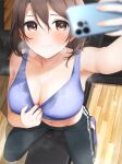  1girl arm_up armpits bare_arms bare_shoulders black_pants blurry blurry_foreground blush breasts breath cellphone cleavage clothes_pull depth_of_field dripping fed_(giba) gym hair_between_eyes highres holding holding_phone indoors large_breasts looking_at_phone navel original pants parted_lips phone pulled_by_self purple_sports_bra sitting smartphone smile solo sports_bra sports_bra_pull stain stained_clothes sweat sweaty_clothes textless_version wet wet_clothes wooden_floor yoga_pants 