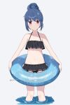  1girl bikini blue_hair frilled_bikini frills hair_bun highres innertube navel nekosination pink_eyes shima_rin simple_background solo swimsuit wading wet yurucamp 