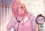  1girl blonde_hair blurry blurry_background blush book braid breasts cabinet camisole ceiling cleavage collarbone curtains hair_between_eyes highres holding holding_stethoscope infirmary lab_coat large_breasts long_hair looking_at_viewer non-web_source nurse open_labcoat open_mouth original pink_camisole red_eyes rouka_(akatyann) smile solo stethoscope upper_body 