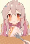  1girl ahoge blush cake cake_slice eating feeding food food_on_face fork genderswap genderswap_(mtf) highres long_hair looking_at_viewer nekomotowata onii-chan_wa_oshimai! orange_eyes oyama_mahiro pink_hair pov 