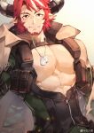  1boy animal_ears arknights bara beard bodysuit cleavage_cutout clothing_cutout collared_jacket cow_boy cow_ears cow_horns dog_tags facial_hair green_bodysuit highres horns humus_(arknights) jacket jacket_on_shoulders large_pectorals looking_at_viewer male_focus mature_male multicolored_hair muscular muscular_male partially_unzipped pectoral_cleavage pectorals red_hair scar scar_across_eye short_hair sideburns single_bare_shoulder smile sokimi_(sosojovan) solo streaked_hair thick_eyebrows upper_body zipper 