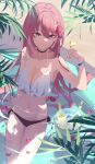  1girl armpits bare_shoulders blue_eyes bottle breasts choker cup drinking_glass hair_ornament highres holding holding_cup hololive ice_bucket large_breasts long_hair looking_at_viewer one-piece_swimsuit palm_tree panties petals petals_on_liquid pink_hair pool sand sitting_on_water smile solo swimsuit takane_lui tree underwear virtual_youtuber wine_bottle wine_glass yamagamiamami 