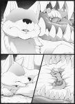  2023 anthro calie_(s2-freak) canid canine canis chest_tuft claws comic digital_drawing_(artwork) digital_media_(artwork) duo female_(lore) fennec fox grass greyscale hi_res holding_character hybrid in_mouth inner_ear_fluff lagomorph lying male_(lore) mammal monochrome night oral_vore outside pawpads plant s2-freak scared_shitless schwarzpelz sky star starry_sky tuft vore watermark wolf 
