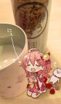  1girl 1other 35p_(sakura_miko) :3 ahoge aoki_ume bell blush bottle chibi closed_eyes commentary_request cup hair_bell hair_ornament heart holding holding_cup hololive nontraditional_miko one_side_up open_mouth photo_background sake_bottle sakura_miko seiza sitting smile 