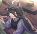  1girl absurdres animal_ears black_hair blush bowl buckwheat638478 commentary_request earrings food fruit hair_between_eyes highres horse_ears horse_girl indoors jewelry kotatsu long_hair looking_at_viewer lying mandarin_orange manhattan_cafe_(umamusume) multicolored_hair on_stomach open_mouth orange_hair pillow purple_sweater single_earring smile solo streaked_hair sweater table umamusume under_kotatsu under_table vest white_hair yellow_eyes 