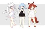 3girls :d ahoge animal_ear_fluff animal_ears arms_behind_back bandaged_arm bandaged_leg bandages bare_arms bare_shoulders barefoot black_choker black_dress blue_hair blush brown_hair choker closed_mouth commentary_request demon_girl demon_horns demon_tail demon_wings dress fang fox_ears fox_girl fox_tail grey_background grey_wings hair_between_eyes hands_up horns long_hair multiple_girls original own_hands_together pointy_ears purple_eyes red_eyes saru sleeveless sleeveless_dress smile soles tail twintails twitter_username two-tone_background two_side_up very_long_hair walking white_background white_dress white_hair wings yellow_eyes 