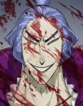  1boy asian blood blood_on_face blood_splatter denjirou_(one_piece) eungyugiyomi evil_eyes evil_smile frown half-closed_eyes high_ponytail long_sideburns male_focus one_piece pale_skin portrait serious short_hair sideburns smile solo thick_eyebrows 