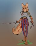  anthro armor blood bodily_fluids canid canine clothed clothing digital_media_(artwork) digitigrade female fox hi_res holding_object holding_weapon katlek looking_at_viewer mammal melee_weapon simple_background solo sword weapon 