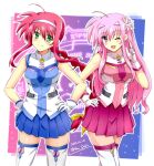  2girls amitie_florian blush braid braided_ponytail breasts closed_mouth flower gloves green_eyes hair_flower hair_ornament hairband hand_on_own_hip hands_on_own_hips kyrie_florian long_hair looking_at_viewer lyrical_nanoha mahou_shoujo_lyrical_nanoha mahou_shoujo_lyrical_nanoha_a&#039;s mahou_shoujo_lyrical_nanoha_a&#039;s_portable:_the_gears_of_destiny medium_breasts multiple_girls one_eye_closed open_mouth pink_eyes pink_hair red_hair san-pon smile thighhighs white_gloves white_thighhighs 