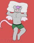  absurd_res anthro bed boxers_(clothing) clothing dakimakura_design fur furniture grey_body grey_fur hair haira hi_res male mammal murid murine pantsless pillow pink_hair rat rodent shirtless sleeping solo tired underwear wings 