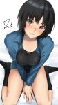  1girl amagami arms_between_legs artist_name bed_sheet black_hair black_one-piece_swimsuit black_socks blue_one-piece_swimsuit blue_shirt blurry blush breasts breasts_squeezed_together brown_eyes closed_mouth commentary competition_swimsuit depth_of_field from_above head_tilt highres kneehighs long_sleeves looking_at_viewer looking_up medium_breasts nanasaki_ai nose_blush on_bed one-piece_swimsuit open_clothes open_shirt raised_eyebrows revision shirt short_hair signature sitting socks solo swimsuit swimsuit_under_clothes twitter_username two-tone_one-piece_swimsuit v_arms wariza yoo_tenchi 
