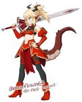  1girl animal_ears black_nails black_thighhighs blonde_hair boots braid clarent_(fate) colored_skin detached_sleeves dragon dragon_ears dragon_girl dragon_horns dragon_tail fang fate/grand_order fate_(series) fingernails french_braid grin high_heel_boots high_heels highres holding holding_sword holding_weapon horns long_fingernails midriff mordred_(fate) over_shoulder pelvic_curtain pointy_ears ponytail puffy_detached_sleeves puffy_sleeves red_footwear red_skin red_skirt red_sleeves sharp_fingernails shirt skirt sleeveless sleeveless_shirt smile solo sprite sword sword_over_shoulder tail theneonflower thighhighs turtleneck_shirt weapon weapon_over_shoulder 