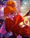  1girl aerial_fireworks blurry blurry_background blush fireworks hair_bun hair_intakes hair_ornament hair_stick hand_fan highres hino_akane_(smile_precure!) holding_own_arm idolmaster idolmaster_cinderella_girls japanese_clothes kimono looking_at_viewer looking_to_the_side orange_hair outdoors paper_fan red_kimono signature single_hair_bun smile solo squatting t7474 yukata 