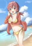  1girl :d absurdres arm_under_breasts bare_legs beach bikini blue_sky breasts brown_hair cleavage cloud collarbone commentary day groin hair_between_eyes hair_ornament hand_on_own_cheek hand_on_own_face highres hood hood_down hoodie horizon lens_flare light_blush long_sleeves looking_at_viewer low_twintails medium_breasts murosaki_miyo navel onii-chan_wa_oshimai! open_clothes open_hoodie open_mouth outdoors red_eyes red_hoodie side-tie_bikini_bottom sky smile solo stomach swimsuit twintails water yellow_bikini you0812n 