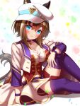  1girl animal_ears blue_eyes blush breasts brown_hair cheval_grand_(umamusume) choker cleavage corset cropped_jacket ear_covers ears_through_headwear hat highres horse_ears horse_girl jacket looking_at_viewer midriff overskirt pendant_choker purple_choker purple_garter_straps purple_wristband red_corset red_shorts sailor_hat short_hair shorts solo starting_future_(umamusume) sugimotty_nova umamusume white_headwear white_jacket 
