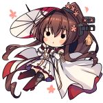  1girl brown_hair cherry_blossoms chibi clothes_writing detached_sleeves flower full_body hair_between_eyes hair_flower hair_ornament headgear holding holding_umbrella kantai_collection kasumi_(skchkko) long_hair oil-paper_umbrella pink_flower ponytail simple_background solo tassel thighhighs umbrella very_long_hair white_background wide_sleeves yamato_(kancolle) yamato_kai_ni_(kancolle) 
