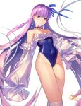  1girl absurdres blue_eyes blue_one-piece_swimsuit covered_navel detached_sleeves fate/extra fate/extra_ccc fate/grand_order fate_(series) feet_out_of_frame frilled_one-piece_swimsuit frills hair_ribbon highleg highleg_swimsuit highres jiajiayu long_hair long_sleeves meltryllis_(fate) meltryllis_(swimsuit_lancer)_(fate) meltryllis_(swimsuit_lancer)_(second_ascension)_(fate) off-shoulder_one-piece_swimsuit off_shoulder one-piece_swimsuit purple_hair ribbon simple_background solo standing swimsuit white_background 