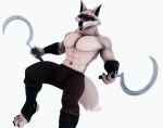  2023 3d_(artwork) abs anthro canid canine canis clothed clothing death_(puss_in_boots) digital_media_(artwork) dreamworks genitals grey_body holding_object holding_sickle holding_weapon looking_at_viewer male malicekira mammal muscular muscular_anthro muscular_male pecs puss_in_boots_(film) puss_in_boots_the_last_wish red_eyes sickle smile topless topless_anthro topless_male weapon wolf 
